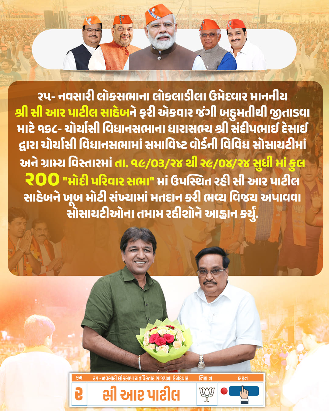 તા. ૨૯/૦૪/૨૦૨૪ ના રોજ ૨૫- નવસારી લોકસભાના લોકલાડીલા ઉમેદવાર માનનીય શ્રી સી.આર.પાટીલ સાહેબને ફરી એકવાર જંગી બહુમતીથી જીતાડવા માટે ૧૬૮-ચોર્યાસી વિધાનસભાના ધારાસભ્ય શ્રી સંદીપભાઇ દેસાઇ દ્વારા તમામ રહીશોને આહ્રાન કર્યું.